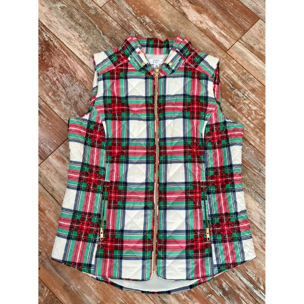 Crown & Ivy Womens M Plaid Quilted Vest Tartan Holiday Preppy Gold Zip